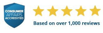 Consumer Affairs accredited badge with five gold stars and “Based on over 1,000 reviews” text